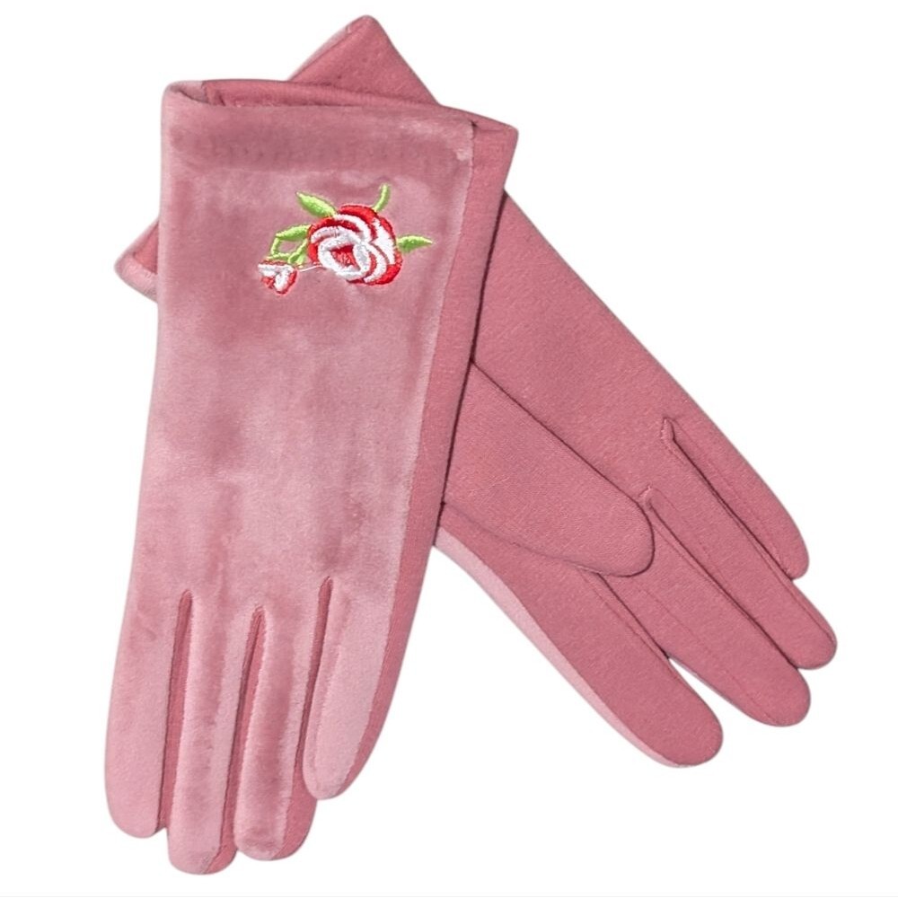 New velvety gloves with embroidered flower OS pink stretch soft cozy cottagecore